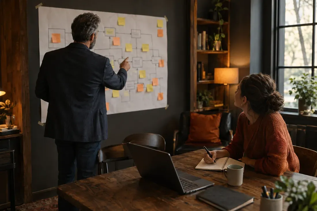 A workshop mapping a business workflow on a wall